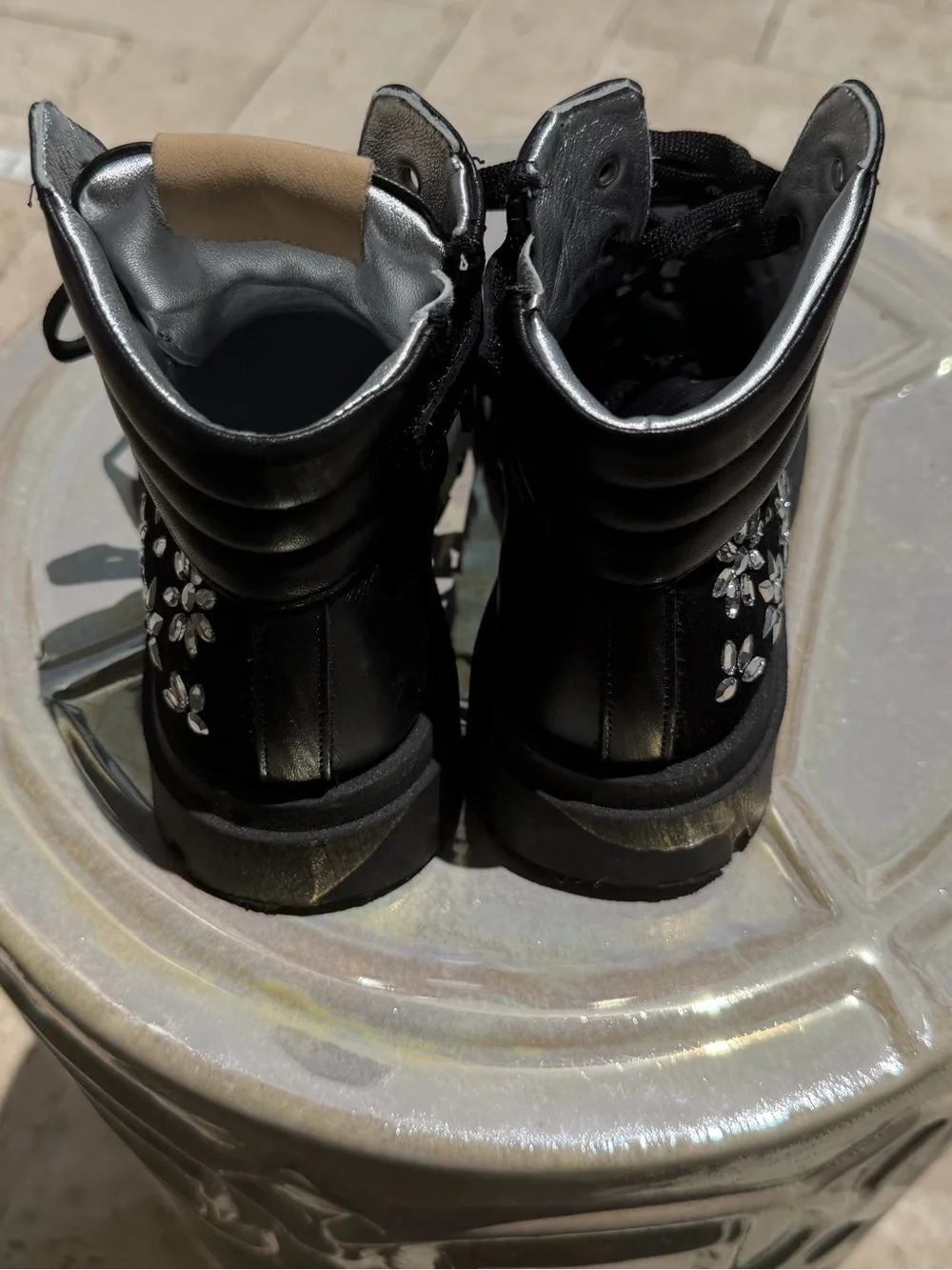 MonnaLisa Black and Silver Metallic Lace-Up Boots Euro size 30